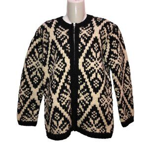 VTG VS Sport Womens Small Cream Black Diamond Wool Long Sleeve Full Zip Sweater